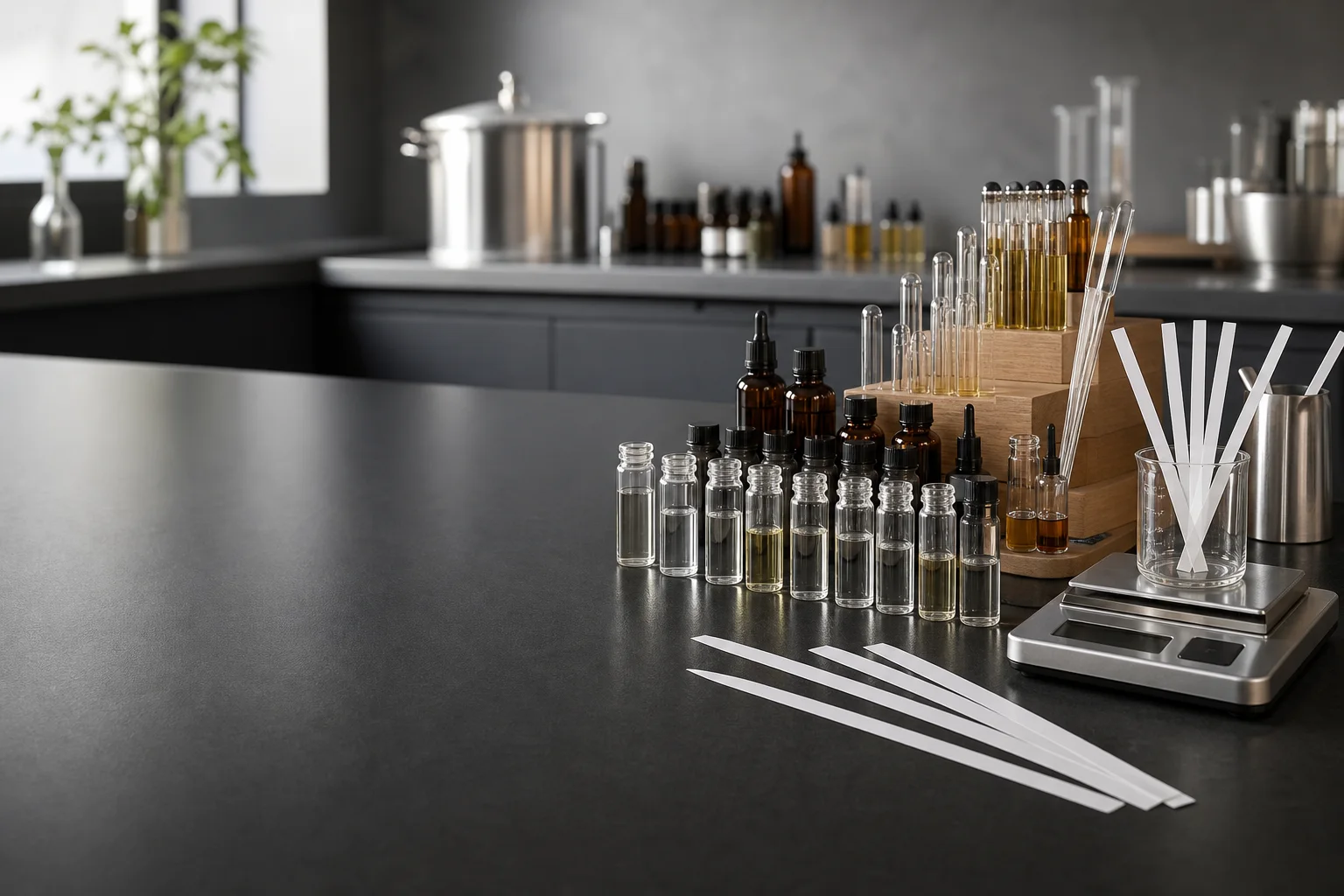 Fragrance development workbench with sample vials, scent blotters and precision scale
