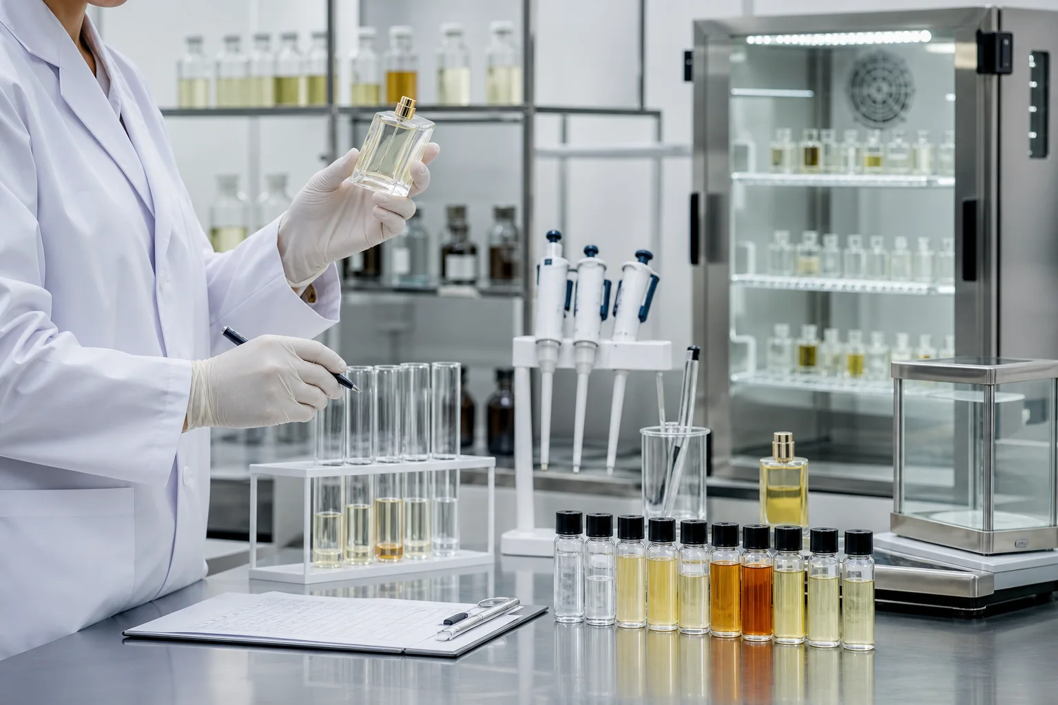 Perfume quality control technician inspecting samples beside laboratory test equipment