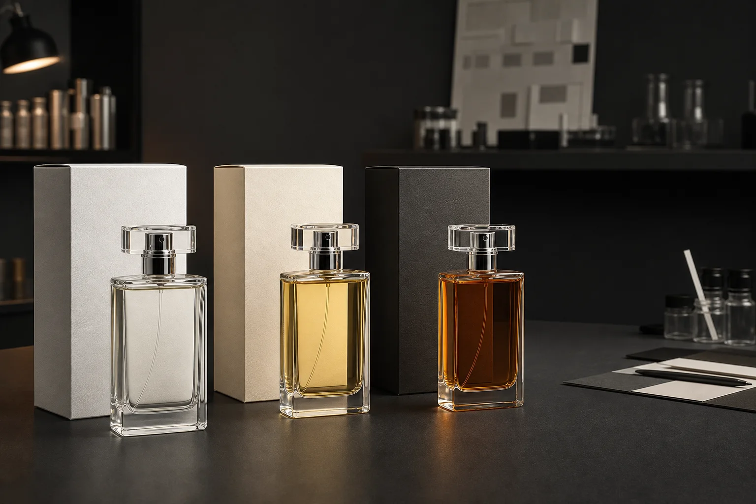 Representative private label perfume collection with three unbranded bottles and coordinated boxes